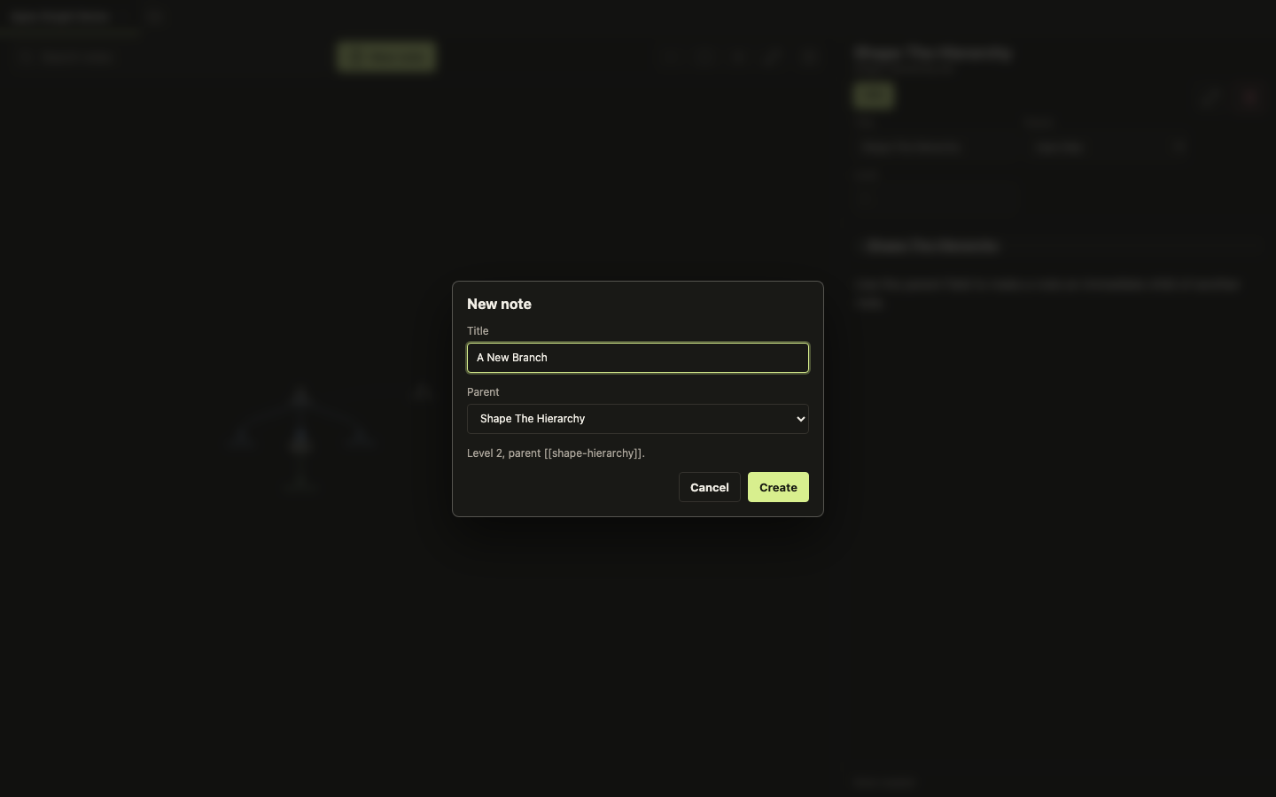 The Apex Notes new note dialog showing title, parent selector, level hint, cancel, and create buttons.
