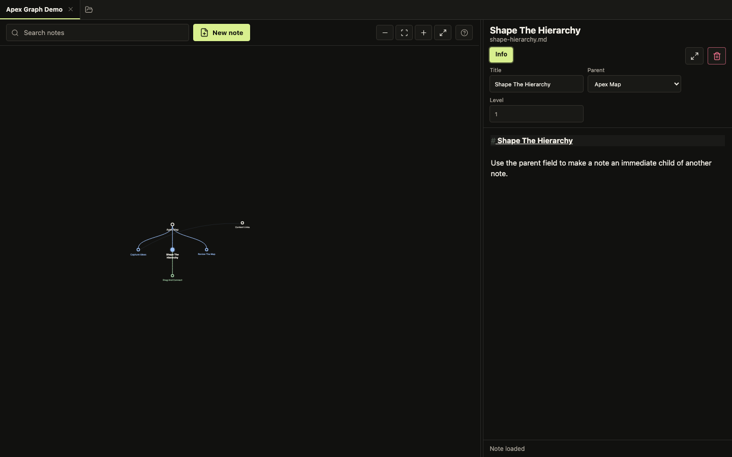 Apex Notes main UI showing the graph, search, new note button, selected note editor, and Info panel.